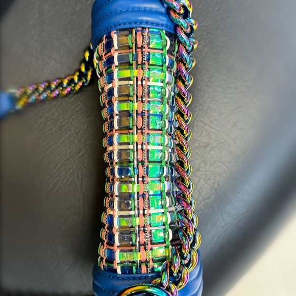 Chanel Old Small Boy Flap Bag Blue Rainbow Woven PVC with Lambskin Multicolor Gr - Picture 9 of 16